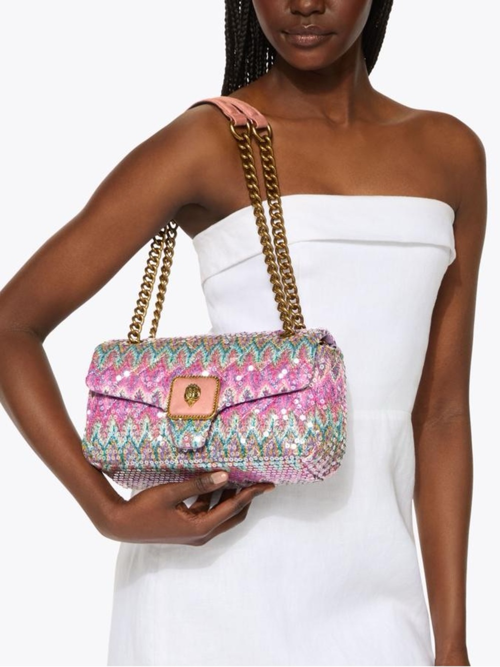 ๐ซงKurt Geiger Pimlico Bag Antique Brass Purple/Blue Chevron- Clear Sequins NWT - Picture 6 of 8